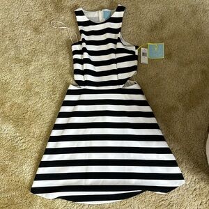 CECE NEW BLACK AND WHITE STRIPE CUT OUT DRESS